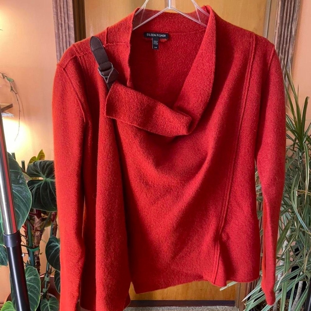 Eileen Fisher Orange red 100% wool equestrian western sweater with leather S